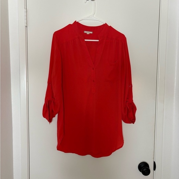 Pleione Tops - Pleione Red Blouse with Mandarin Collar and Cuffed 3/4 Sleeves